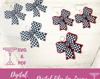 Checkered Coquette Bow Drop Dangle Earring Necklace Charm Pendant SVG-PDF Acrylic Scrap Buster Digital Laser File, Retro Bow Findings Blanks
