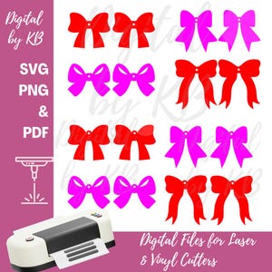 Può includere: Un download digitale di 12 file di taglio SVG di fiocchi. I fiocchi sono di colore rosso e rosa. I file sono per l'uso con tagliatrici laser e vinile. Sono inclusi file SVG, PNG e PDF.