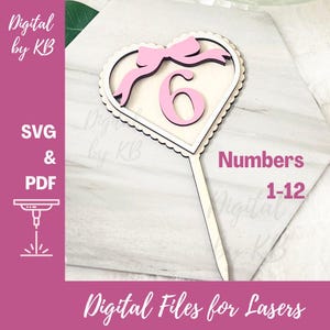 Adorno para tarta con forma de corazón festoneado para San Valentín, lazo vintage, descarga digital láser, archivo SVG PDF, cumpleaños de 1 a 12 años