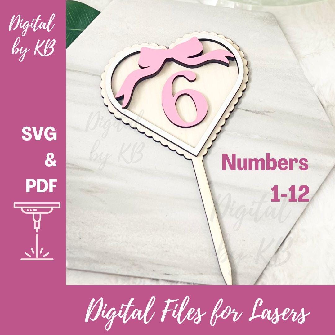 Valentines Day Scallop Heart Bow Cake Topper Coquette Vintage Ribbon, Laser Digital Download, SVG PDF File, Birthday Ages 1-12