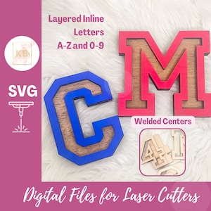Varsity Collegiate Inline Layered Alphabet Letters A-Z, Numeri 0-9 SVG Laser Digital Download, Font vettoriali scalabili in linea Glyphs Backer