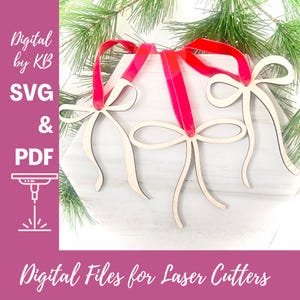 Adornos de lazos con cintas, archivo de descarga digital láser SVG y PDF, coqueta delgada moderna, etiqueta de media, árbol romántico de Navidad rosa