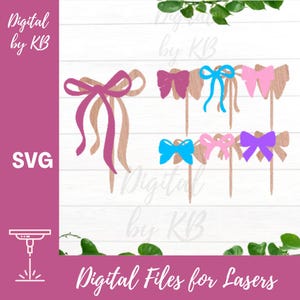 Peut inclure: Un ensemble de cinq fichiers SVG pour la découpe au laser, présentant différents modèles de nœuds. Les nœuds sont en rose, bleu et violet, avec un fond en bois. Les fichiers sont étiquetés "Fichiers numériques pour lasers".