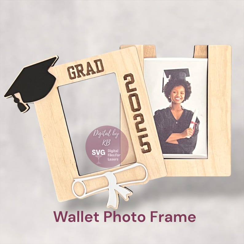 May include: A wooden wallet photo frame with a graduation cap, diploma, and the year 2025 engraved. The frame is designed to hold a wallet-sized photo.