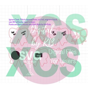 May include: Digital SVG files for laser cutting, featuring layered bow designs in red outlines. Some bows include the text "Tap for" and "Contact Info". The image also includes the text "Digital Files for Lasers".