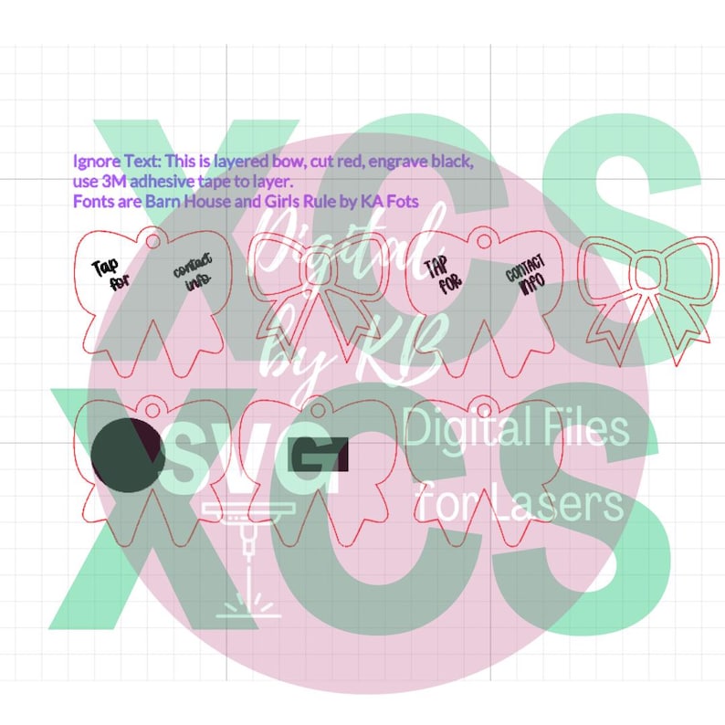 May include: Digital SVG files for laser cutting, featuring layered bow designs in red outlines. Some bows include the text "Tap for" and "Contact Info". The image also includes the text "Digital Files for Lasers".