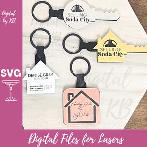 May include: Keychains with realtor branding. The keychains are in the shape of keys, houses, and squares. The keychains have black leather straps and silver key rings. The keychains have the text "Selling Soda City", "Denise Gray Realtor", and "Closing Deals in High Heels".