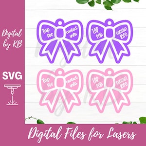 May include: Digital SVG files for laser cutting. The image shows four bow-shaped designs in purple and pink, each with the text "Tap for contact info". The text "Digital by KB" and "Digital Files for Lasers" are also visible.