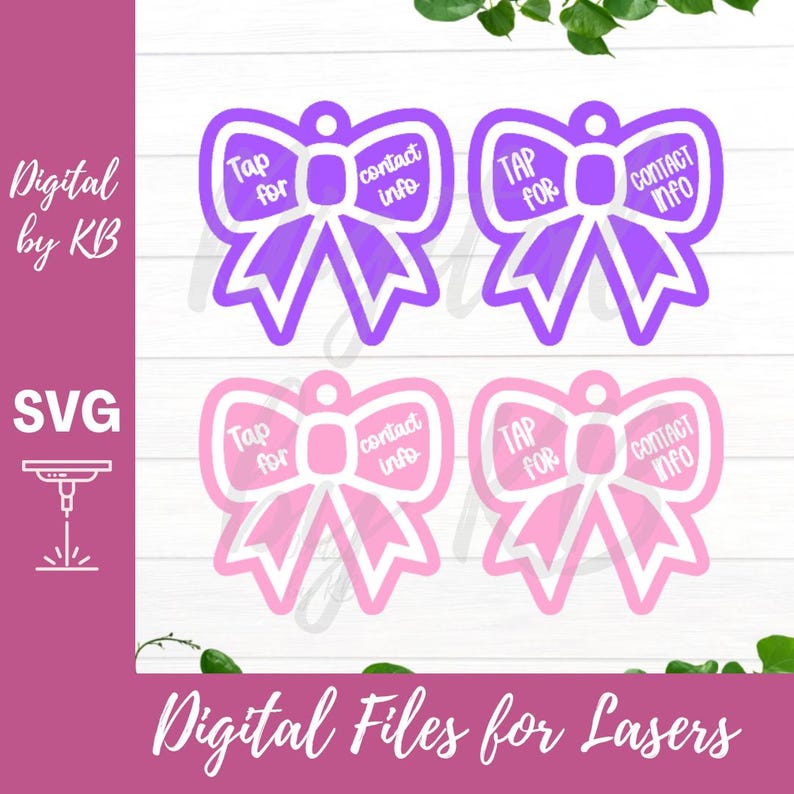 May include: Digital SVG files for laser cutting. The image shows four bow-shaped designs in purple and pink, each with the text "Tap for contact info". The text "Digital by KB" and "Digital Files for Lasers" are also visible.