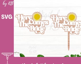 Here Comes The Bride Retro Layered Cake Topper and Sign Digital Download SVG File for Laser Cutting, Sun Retro Garden Bridal Shower Decor