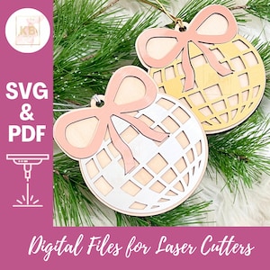 Enfeite de Natal de espelho de discoteca com laço coquete, arquivo SVG PDF Laser Digital para download, decoração de festa, presente de feriado Merry Swiftmas Bejeweled Retro