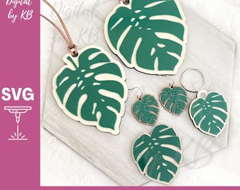 Monstera Ornament Earrings Keychain Laser Cut Digital SVG File, Plant Lady Plant Mom, Succulent Wood Scrap Buster, Layered Acrylic Jewelry