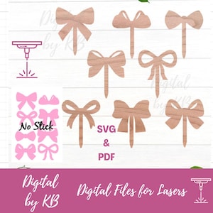 Adornos para cupcakes con lazos de coqueta, 8 lazos, lazos sencillos de una sola capa cortados con lazo, lazo vintage con bucles, SVG digital láser en formato PDF, para cumpleaños, despedidas de soltera y baby shower