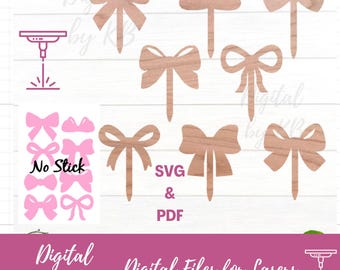 Coquette Bow Cupcake Toppers 8 Bow Simple Single Layer Cut Bowtie Loopy Vintage Ribbon, Laser Digital SVG PDF, Birthday Bridal Baby Shower