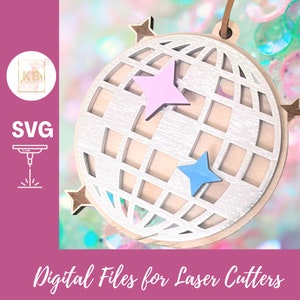 May include: A laser cut SVG file of a disco ball with three stars. The disco ball is silver and the stars are pink, blue, and brown. The file is for use with laser cutters.