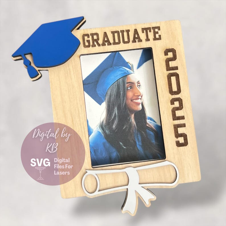May include: A wooden picture frame with a graduation cap, diploma, and the year 2025 engraved on it. The frame is designed to hold a 4x6 inch photo.