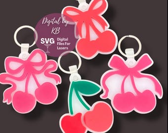 Cherry Coquette Bow Layered Keychain Set, Acrylic Coquette Vintage Ribbon, Laser Digital Download SVG PDF File, Berry Galentines Gift Set