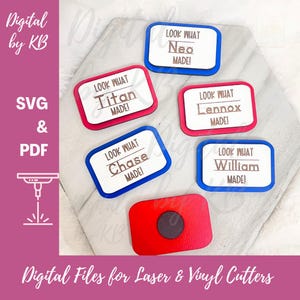 Guarda cosa ho fatto Set di magneti incisi File laser digitale SVG e PDF, Scrap Buster, regalo di classe, bomboniere, regalo per bambini Progetto rapido, esposizione artistica