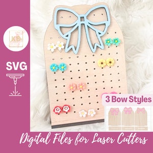 Girly Bow Room Decor, Coquette Bow Earring Stand Set van 3 Digitale Download SVG-bestand Voor Lasersnijmachines, Teen Tween Organization