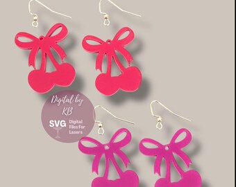 Cherry Bow Coquette Drop Dangle Earrings SVG-PDF, Acrylic Scrap Buster Digital Download Laser File, Berry Ribbon Bow Findings Blanks