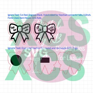 May include: Digital file for laser cutting featuring bow-shaped designs with the text "Tap for contact info." The designs are outlined in red with black text and details. Includes a hole for keychain connectors.