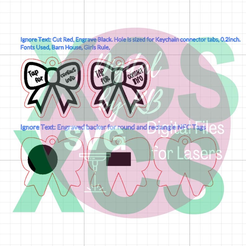 May include: Digital file for laser cutting featuring bow-shaped designs with the text "Tap for contact info." The designs are outlined in red with black text and details. Includes a hole for keychain connectors.