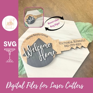 File laser chiave reversibile di marketing immobiliare SVG e PDF download digitale, venduto e benvenuto a casa immobiliare, cartello chiave bifacciale foto di scena