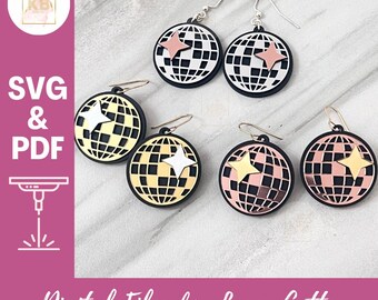 Bejeweled Retro Mirror Disco Ball Earrings, SVG PDF Digital Download Laser File, Layered Acrylic Earrings Teen New Years Holiday Gift