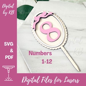 Topo de bolo com laço oval de vieira, fita vintage, download digital a laser, topo de bolo de aniversário, arquivo PDF SVG, primeiro aniversário, idades de 1 a 12 anos