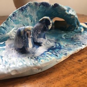 Ceramic Figurine, Penguin, Handmade Pottery, Clay, Ceramic Handmade Animal, Coastal,  Ceramic Art, Clay Statue, Handmade Sculpture, Wave Art