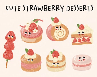 Kawaii Strawberry Dessert Clipart Bundle: PNG, Commercial Use Instant Download