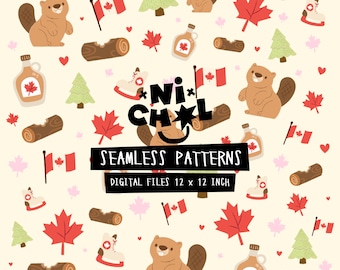 Padrão fofo do Canadá sem costura, fundo digital de folha de bordo vermelha, clipart de castor fofo em PNG, padrão de lembrança canadense, licença comercial