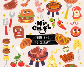 Clipart barbecue kawaii, nourriture mignonne PNG, JPG (usage commercial)