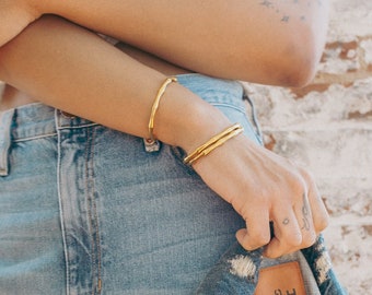 18k Gold Plated Bamboo Cuff Bracelet, Adjustable Bangle