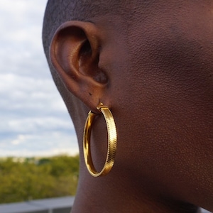 gold herringbone chain hoop earrings, chunky gold hypoallergenic earrings, chain earrings, minimal hoop earrings