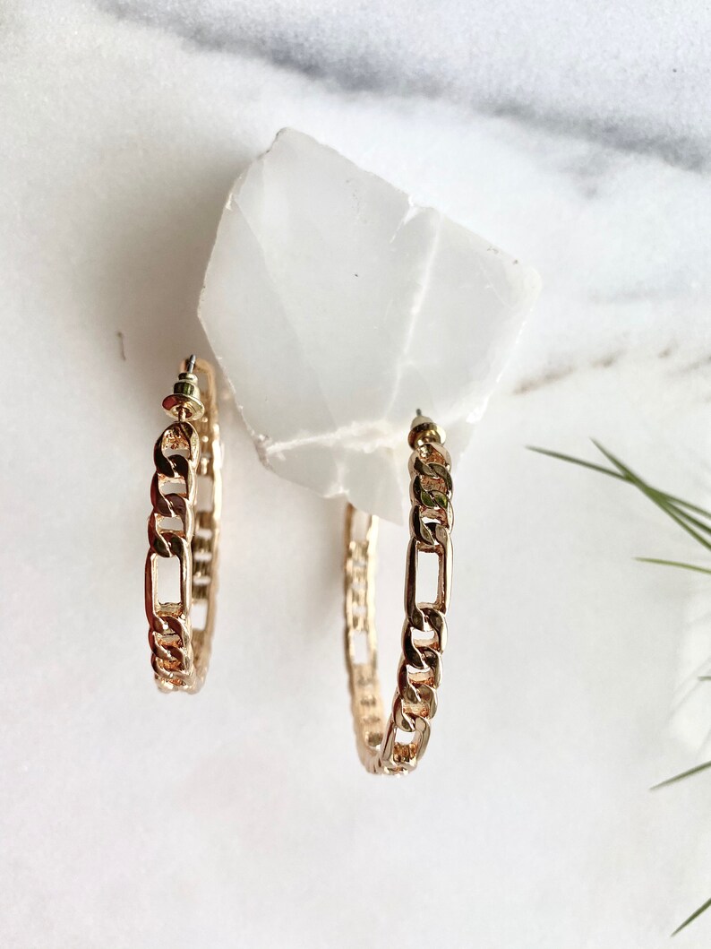 Figaro Chain Link Hoop Earrings chunky gold link hoops 14k gold plated
