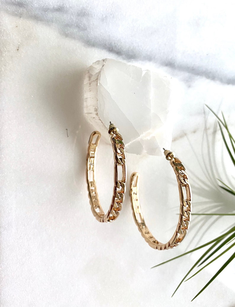 Figaro Chain Link Hoop Earrings chunky gold link hoops 14k gold plated