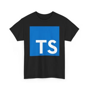 May include: Black t-shirt featuring a blue square with the white letters "TS" in the center. The shirt is made of a soft material and has short sleeves. The design is simple and modern, suitable for casual wear.