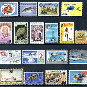 Könnte beinhalten: Eine Sammlung farbenfroher Briefmarken aus verschiedenen Ländern mit vielfältigen Bildern. Die Briefmarken zeigen Blumen, Fische, historische Persönlichkeiten, religiöse Szenen, Sportereignisse und lokale Szenen. Die Briefmarken sind in Reihen und Spalten angeordnet.