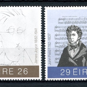 May include: Four vintage Irish postage stamps featuring portraits of notable Irish figures: Pádraic Ó Conaire, James Joyce, John Field, and Charles Kickham. The stamps are green, brown, blue, and light green, respectively. Each stamp includes the name of the person depicted and their birth and death years.