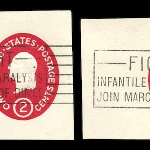 1950 - Scott # U533 2c Carmine - George Washington Cut Corner with March of Dimes Slogan - Selection of 2 - Used Condition