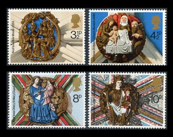 May include: A set of four postage stamps featuring colorful images of roof bosses from churches in England. The stamps depict religious scenes with intricate details and are labeled with the names of the churches and the dates they were built. The stamps are from the 1970s and are in excellent condition.