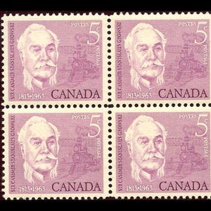 May include: Four vintage Canadian postage stamps featuring a portrait of Sir Casimir Stanislaus Gzowski. Each stamp is pink and features a 5 cent denomination with the text "Postes" and "Postage".