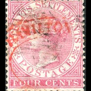 May include: A vintage postage stamp with a pink and red design. The stamp features a central portrait within a circular frame, surrounded by text that reads "POSTAGE" and "SETTLEMENTS". The bottom of the stamp reads "FOUR CENTS".