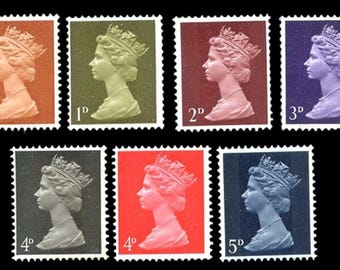 May include: A collection of vintage postage stamps featuring a profile of a crowned figure, likely a monarch, in various colors. The stamps are rectangular with serrated edges and include denominations like 1/2D, 1P, 2P, 3P, 4P, and 5P.