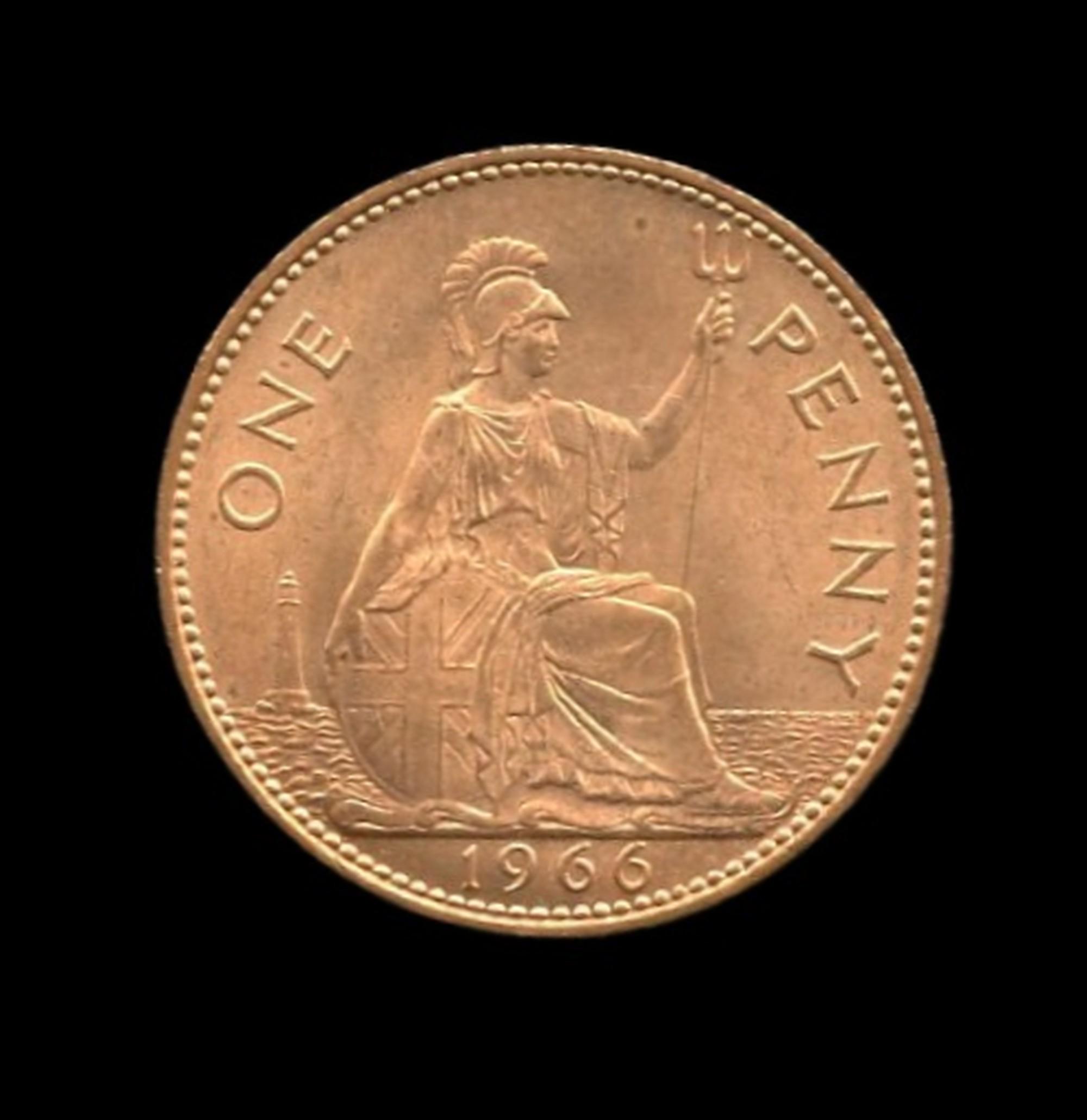 Britain 1966 - Queen Elizabeth II Bronze Penny, Uncirculated, #E66