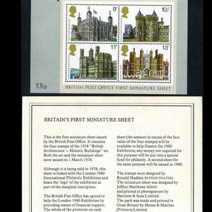 Gran Bretaña 1978 - Exposición Internacional de Sellos de Londres - Primera hoja en miniatura emitida por Royal Mail - Estado impecable, sin bisagras