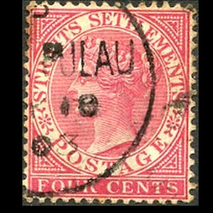 May include: A vintage red postage stamp from the Straits Settlements, with a portrait inside a circular design. The stamp has black markings and text that reads "STRAITS SETTLEMENTS", "POSTAGE", "FOUR CENTS", and "JAU".