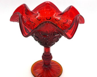 Rare Vintage Ruby Red “Button and Cane” Wavy-Edged Pressed Glass Pedestal Dish with Amberina Rim, Stem and Base