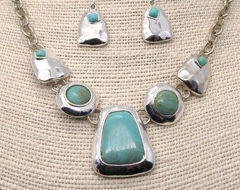 Vintage Faux Turquoise and Silver Necklace and Earrings Set